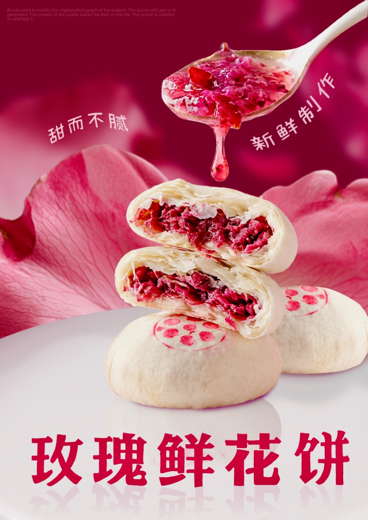 graphic design poster of a pink flower rose Yunnan pastry